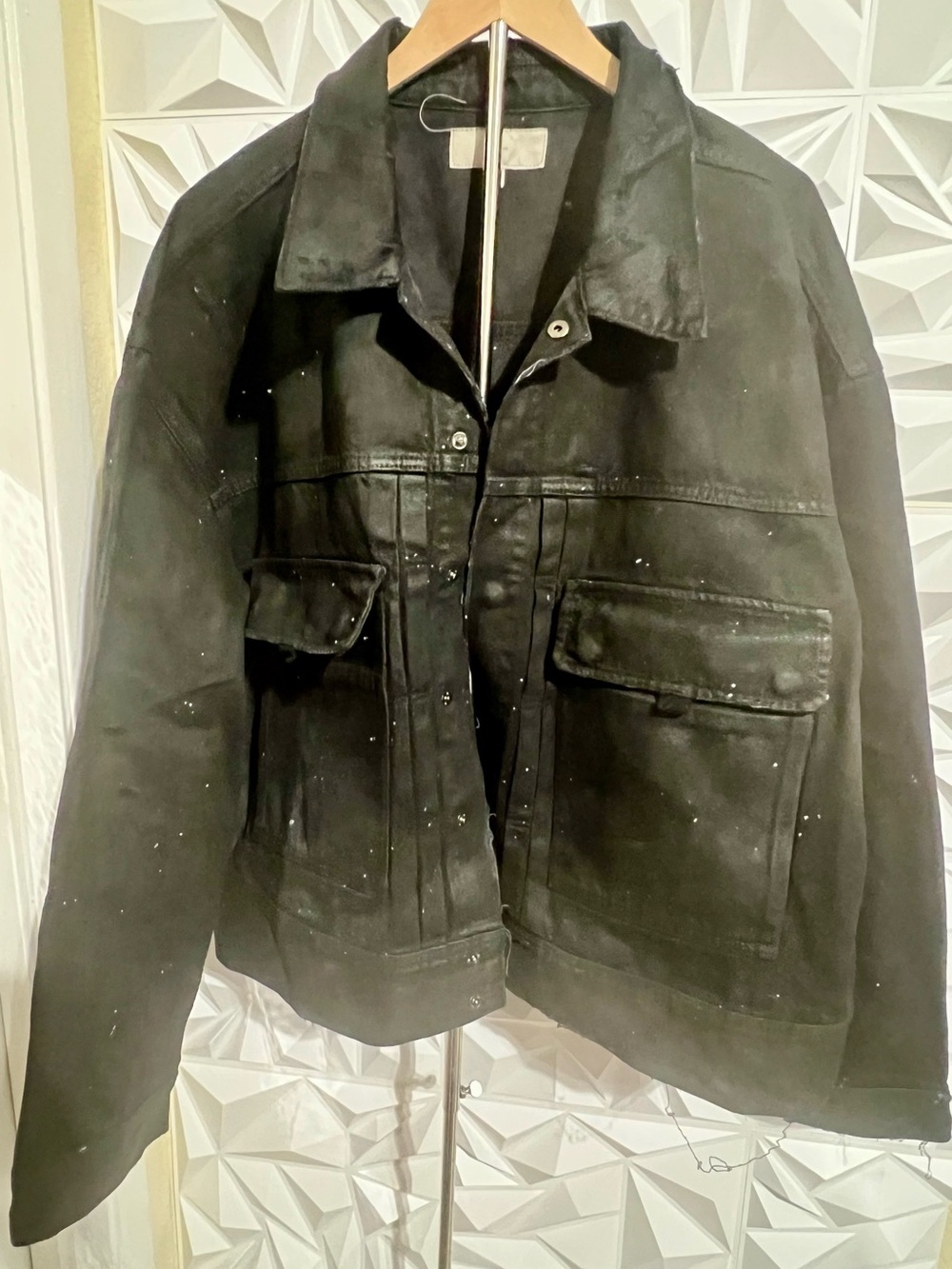 NWOT Hudson Jeans Men's Boxy Paint Splatter Denim Trucker Jacket - Black XXL